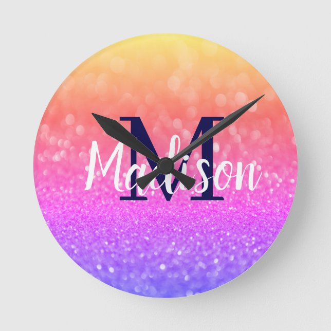 Rainbow Custom Glitter Name Personalised Round Clock (Front)