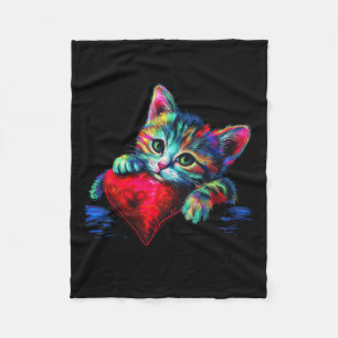 Rainbow Cute Cat Hugging Heart Kitten Lying On Hea Fleece Blanket