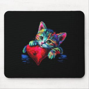 Rainbow Cute Cat Hugging Heart Kitten Lying On Hea Mouse Pad
