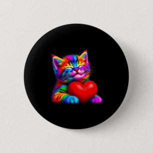 Rainbow Cute Cat Hugging Valentine Heart Kitty Lov 6 Cm Round Badge