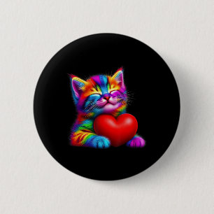 Rainbow Cute Cat Hugging Valentine Heart Kitty Lov 6 Cm Round Badge