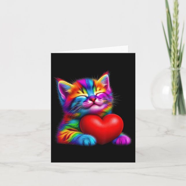 Rainbow Cute Cat Hugging Valentine Heart Kitty Lov Card (Front)