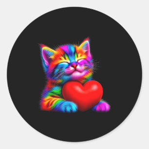 Rainbow Cute Cat Hugging Valentine Heart Kitty Lov Classic Round Sticker