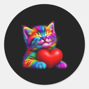 Rainbow Cute Cat Hugging Valentine Heart Kitty Lov Classic Round Sticker