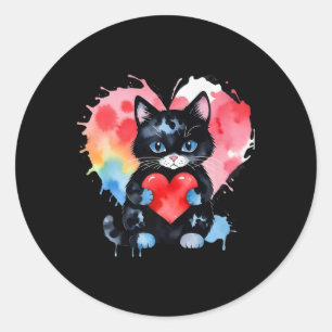 Rainbow Cute Cat Hugging Valentine Heart Kitty Lov Classic Round Sticker