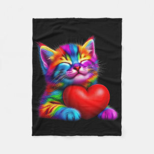Rainbow Cute Cat Hugging Valentine Heart Kitty Lov Fleece Blanket