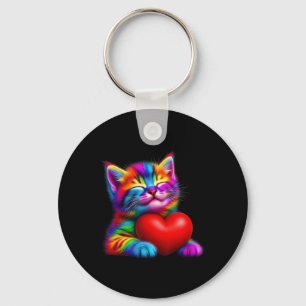 Rainbow Cute Cat Hugging Valentine Heart Kitty Lov Key Ring