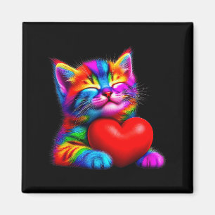 Rainbow Cute Cat Hugging Valentine Heart Kitty Lov Magnet