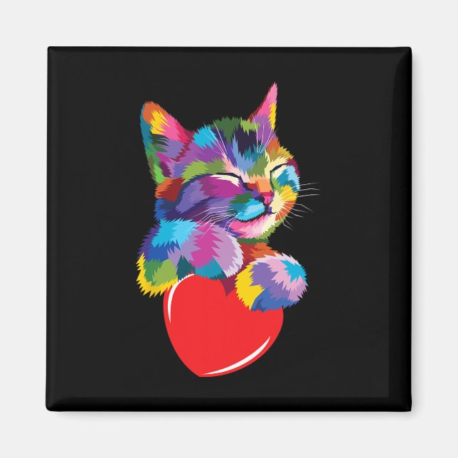 Rainbow Cute Cat Hugging Valentine Heart Kitty Lov Magnet (Front)
