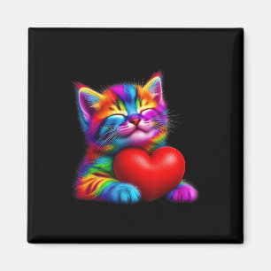 Rainbow Cute Cat Hugging Valentine Heart Kitty Lov Magnet
