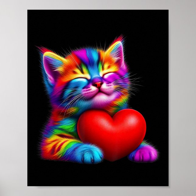 Rainbow Cute Cat Hugging Valentine Heart Kitty Lov Poster (Front)