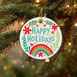 Rainbow Cute Hand-drawn Colourful Christmas Holida Ceramic Ornament