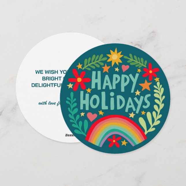 Rainbow Cute Hand-drawn Colourful CUSTOM Round Holiday Card (Front/Back)