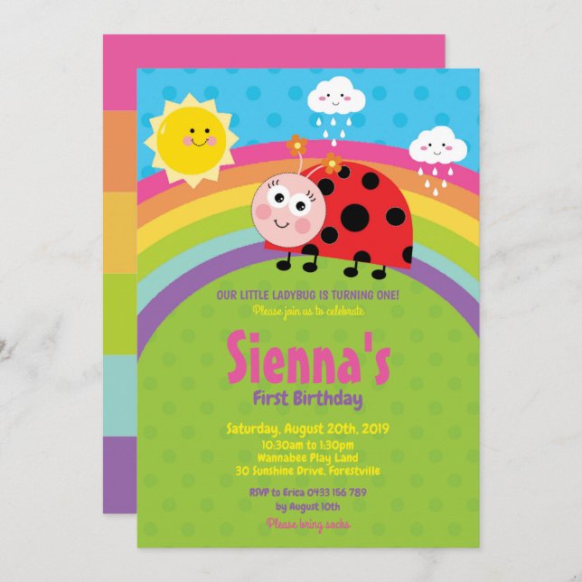 Rainbow Cute Ladybug 1st Birthday Party Girl Invitation (Front/Back)