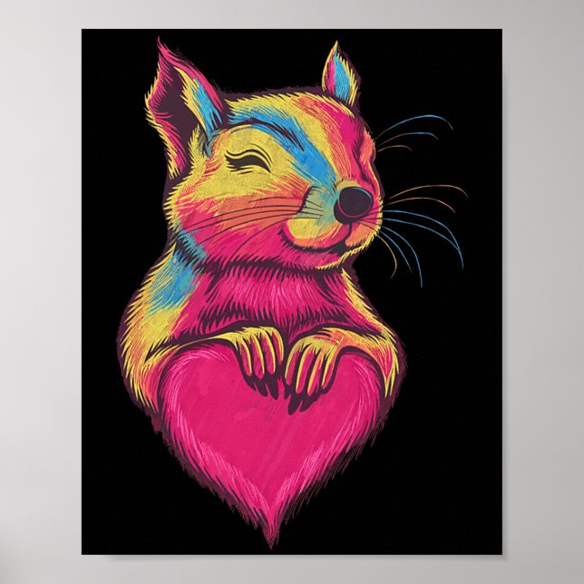 Rainbow Cute Squirrel Hugging Valentine Heart Love Poster (Front)