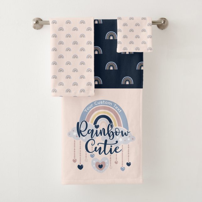 Rainbow Cutie and Hearts Girl's Personalised Bath Towel Set (Insitu)