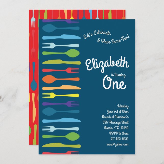 Rainbow Cutlery Cute Birthday Party Picnic Cookout Invitation (Front/Back)