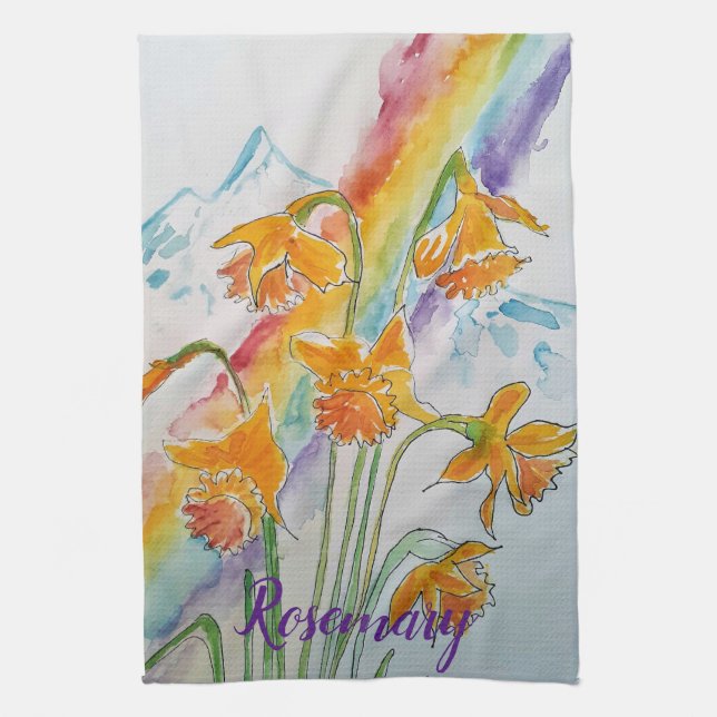 Rainbow Daffodil Spring Watercolour Floral Flower Tea Towel (Vertical)