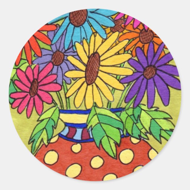 Rainbow Daisies in Designer Vase Classic Round Sticker (Front)