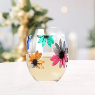 Rainbow Daisies  Stemless Wine Glass