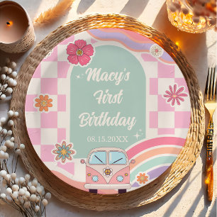 Rainbow Daisy Floral Car Birthday Paper Plate