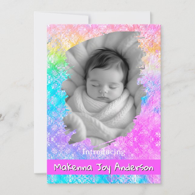 [Rainbow Damask] Soft Pastels Baby Girl Birth Announcement (Front)