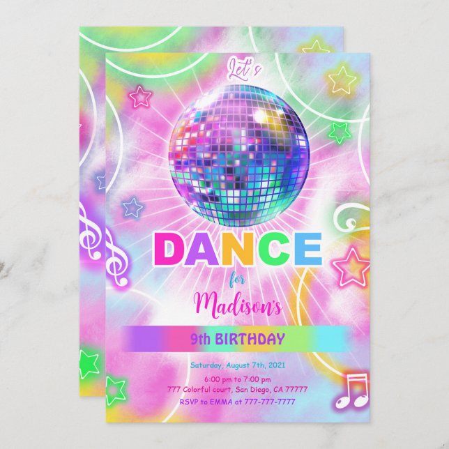 Rainbow Dance Disco Party Neon Glow  Invitation (Front/Back)
