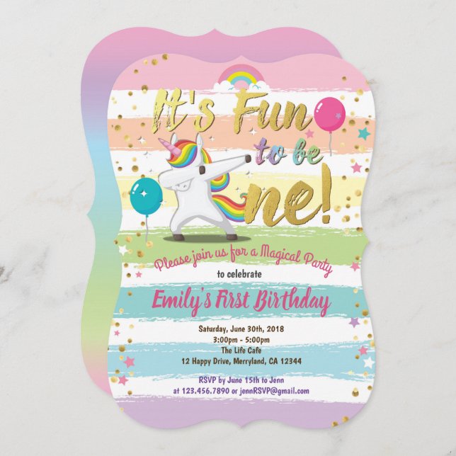 Rainbow dapping unicorn first 1st birthday party invitation (Front/Back)