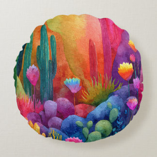 Rainbow Desert Cactus Galaxy Round Pillow