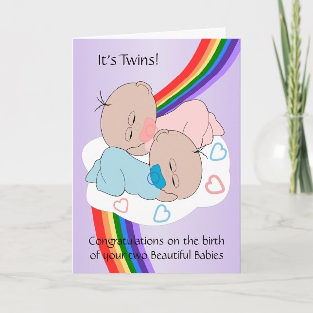 Rainbow Design New Born Baby Twins Card (Front)