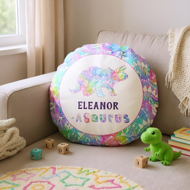 Rainbow Dinosaur Fossil Kids  Round Cushion (Rainbow dinosaur pillow with your name perfect for dino lovers.)