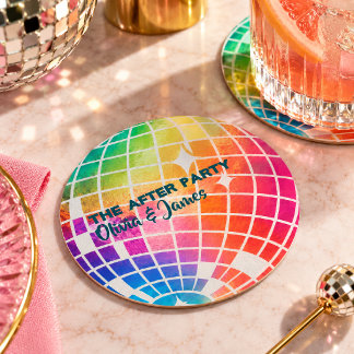 Rainbow Disco Ball Wedding After Party Round Paper Coaster