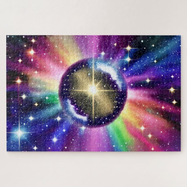 Rainbow Disco Mirror Ball Rotating in Space Jigsaw Puzzle (Horizontal)