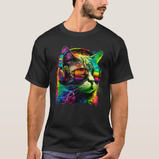 Rainbow Dj Cat With Headphones And Sunglasses T-Shirt