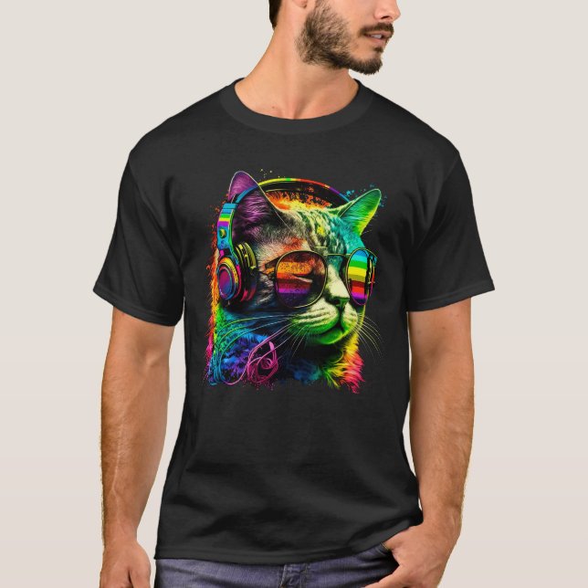 Rainbow Dj Cat With Headphones And Sunglasses T-Shirt (Front)