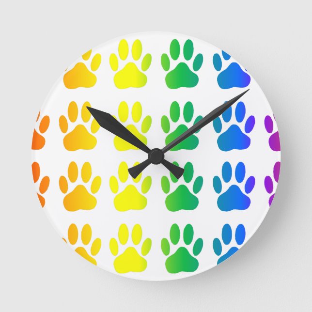 Rainbow Dog Pawprint Round Clock (Front)
