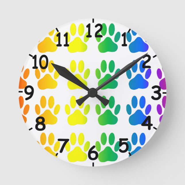 Rainbow Dog Pawprint With Dial Round Clock (Front)