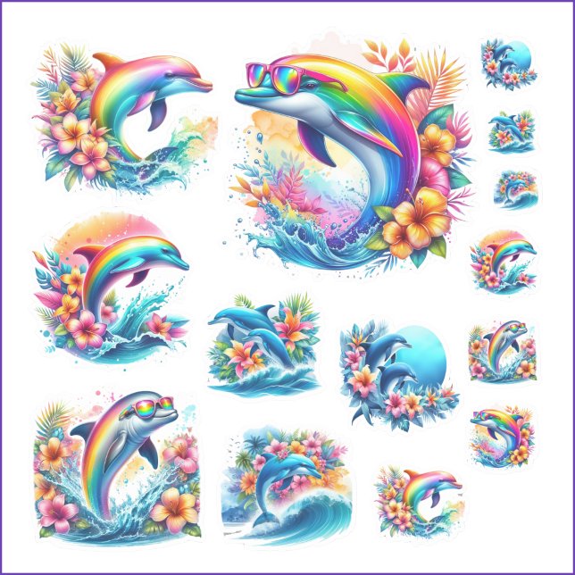 Rainbow Dolphin and Ocean Retro Sticker Sheet (Nostalgic rainbow dolphin vinyl kiss cut stickers are fun for back to school or any time of year!)