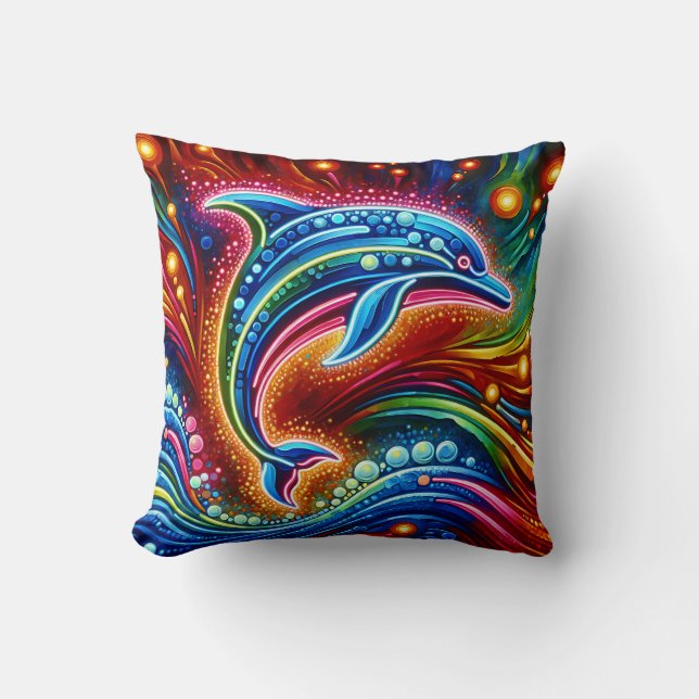 “Rainbow Dolphin: Ocean Glow” Cushion (Front)
