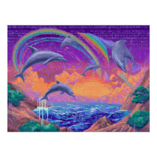 Rainbow Dolphins Leaping Through Sunset Skies Poster