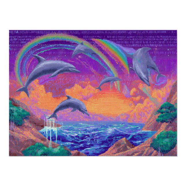 Rainbow Dolphins Leaping Through Sunset Skies Poster (Front)