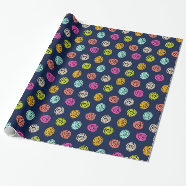 Rainbow Doodle Dot Confetti on Navy Wrapping Paper (Unrolled)