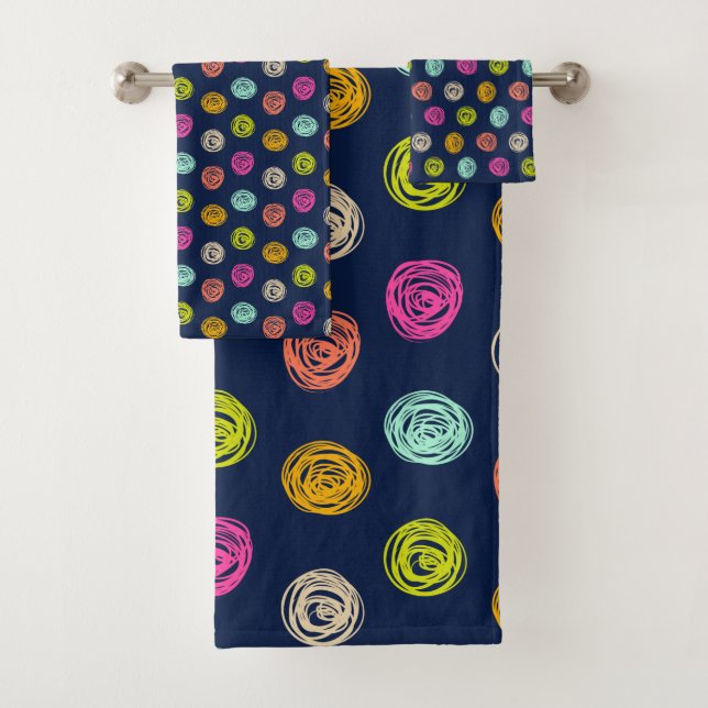 Rainbow Doodle Dot Confetti on Navy Wrapping Paper Bath Towel Set (Insitu)