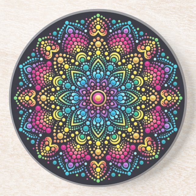 Rainbow Dot-Painted Mandala Coaster (Front)