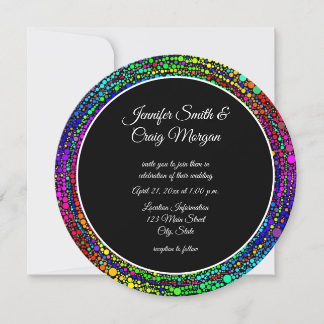 Rainbow Dot Spiral Pattern Black and White Wedding Invitation (Front)