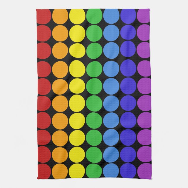 Rainbow dots circles colourful on black tea towel (Vertical)