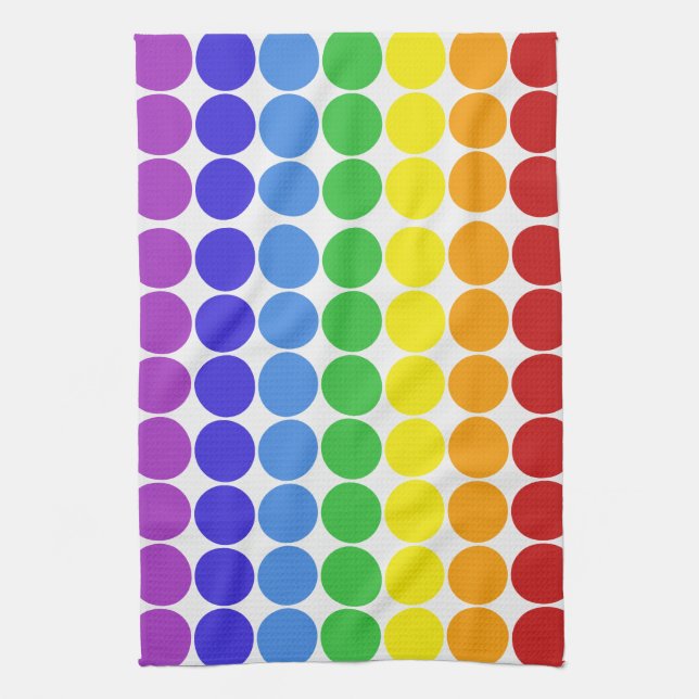 Rainbow dots circles colourful on white tea towel (Vertical)