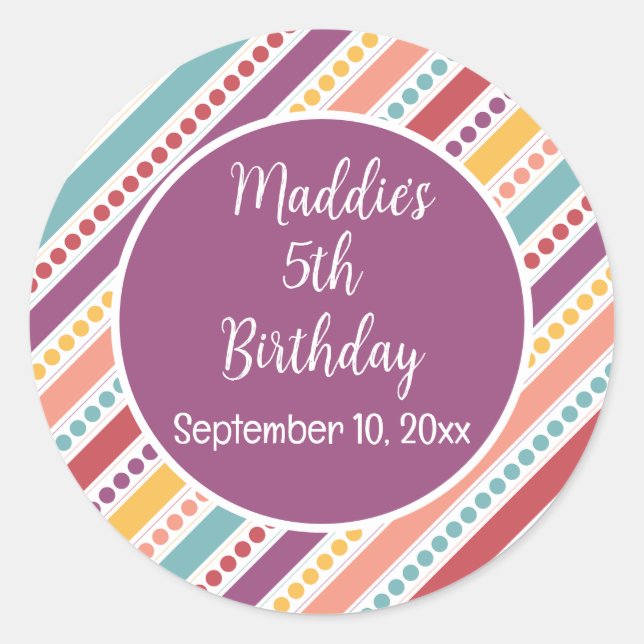 Rainbow Dots & Stripes Girl Birthday Classic Round Sticker (Front)