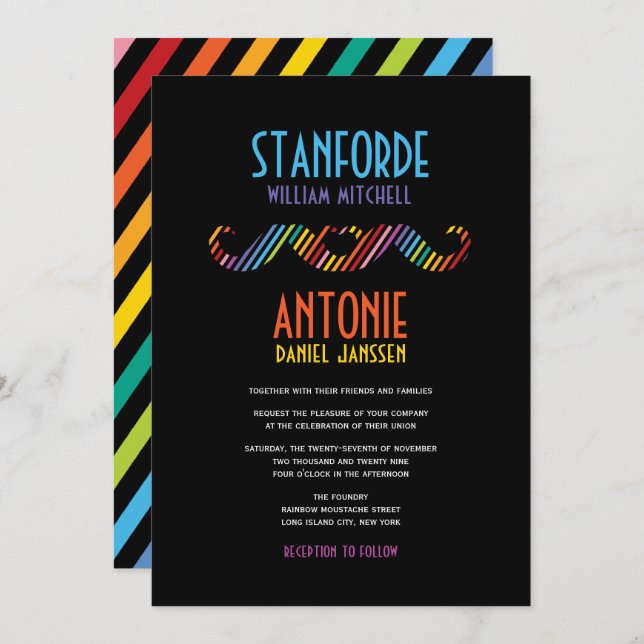 Rainbow Double Moustaches Simple Modern Gay Weddin Invitation (Front/Back)