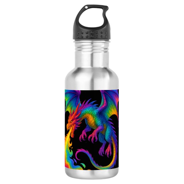 Rainbow dragon breathing colourful flames fantasy 710 ml water bottle (Front)